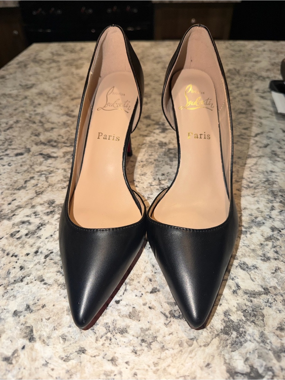 Christian Louboutin Black Pointed Leather Pumps with Red Soles